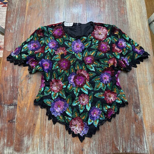 Laurence Kazar Vintage Sequin Floral Blouse Black Small